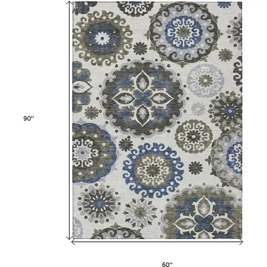 Pewter Silver And Gray Floral Medallion Washable Indoor Outdoor Area Rug Photo 3