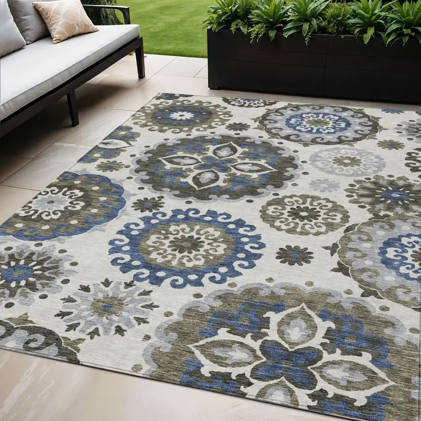 Pewter Silver And Gray Floral Medallion Washable Indoor Outdoor Area Rug Photo 1