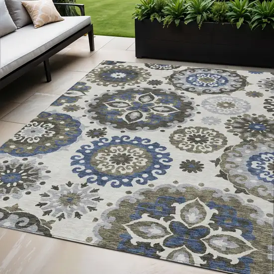 Pewter Silver And Gray Floral Medallion Washable Indoor Outdoor Area Rug Photo 1