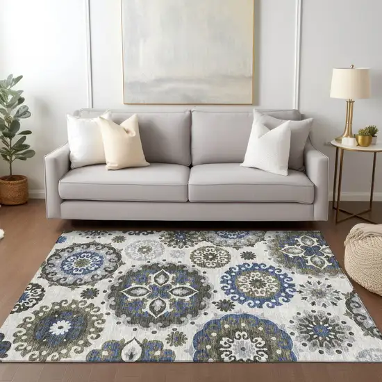 Pewter Silver And Gray Floral Medallion Washable Indoor Outdoor Area Rug Photo 9