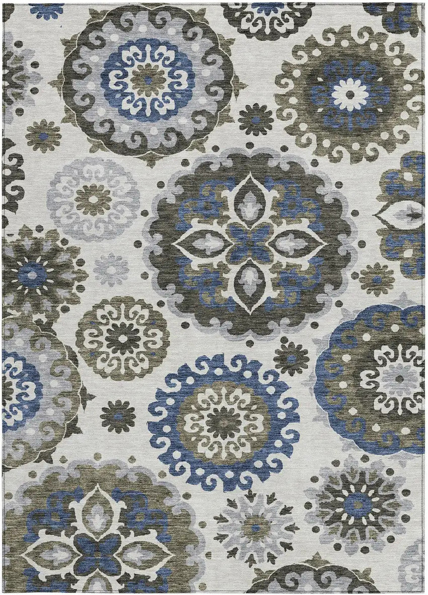 Pewter Silver And Gray Floral Medallion Washable Indoor Outdoor Area Rug Photo 6