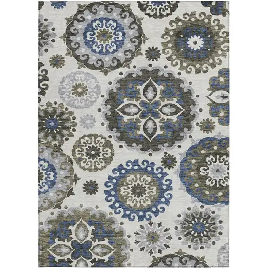 Pewter Silver And Gray Floral Medallion Washable Indoor Outdoor Area Rug Photo 6