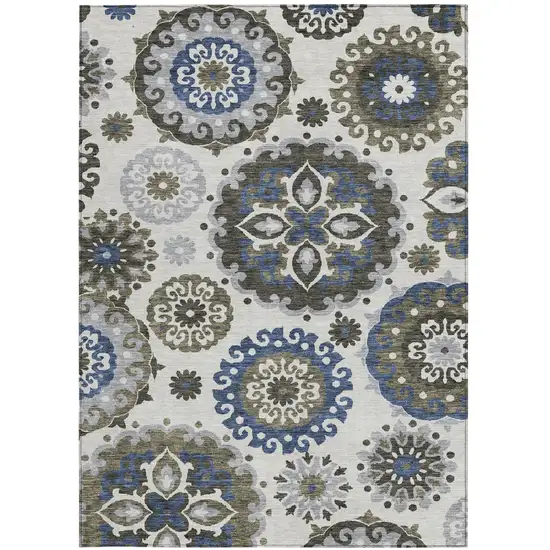 Pewter Silver And Gray Floral Medallion Washable Indoor Outdoor Area Rug Photo 6