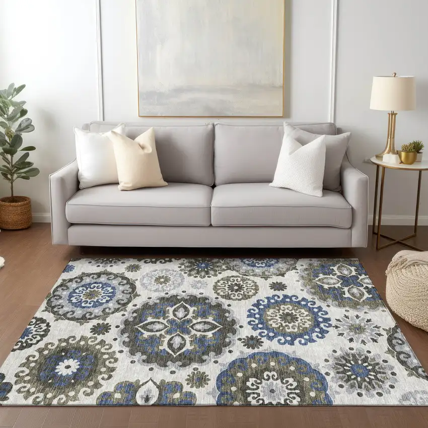 Pewter Silver And Gray Floral Medallion Washable Indoor Outdoor Area Rug Photo 9