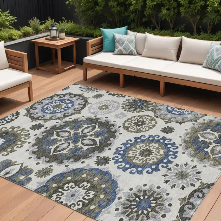 Pewter Silver And Gray Floral Medallion Washable Indoor Outdoor Area Rug Photo 1