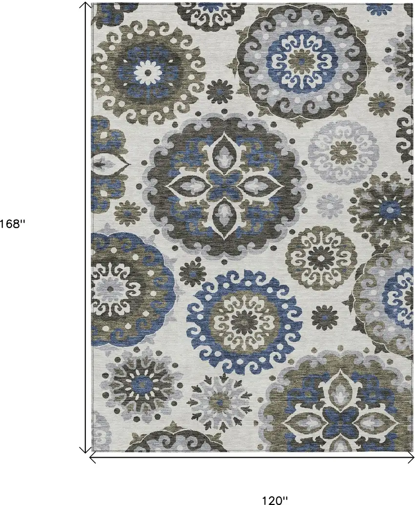 Pewter Silver And Gray Floral Medallion Washable Indoor Outdoor Area Rug Photo 3