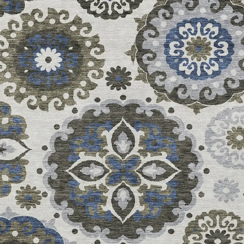 Pewter Silver And Gray Floral Medallion Washable Indoor Outdoor Area Rug Photo 4