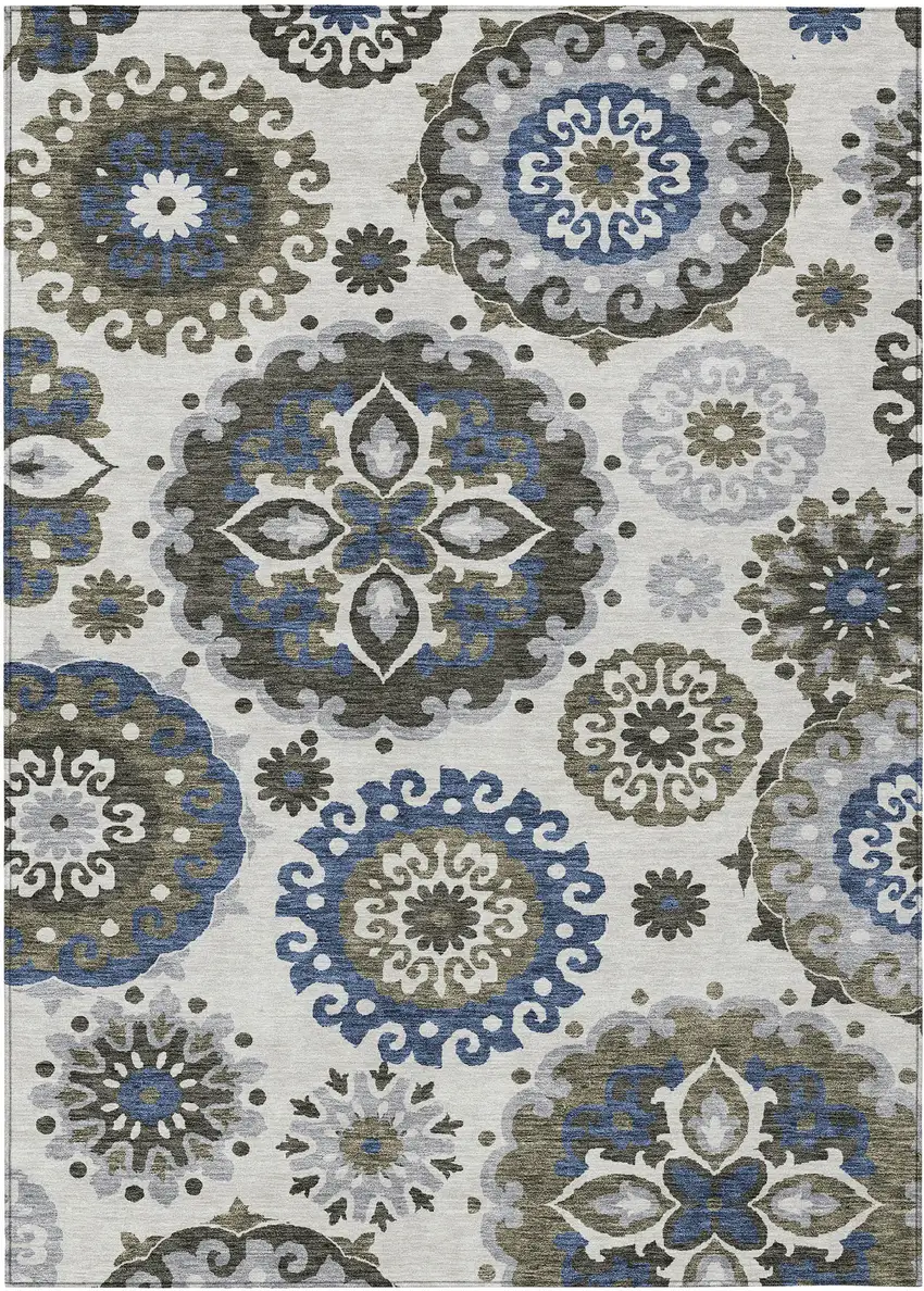 Pewter Silver And Gray Floral Medallion Washable Indoor Outdoor Area Rug Photo 1