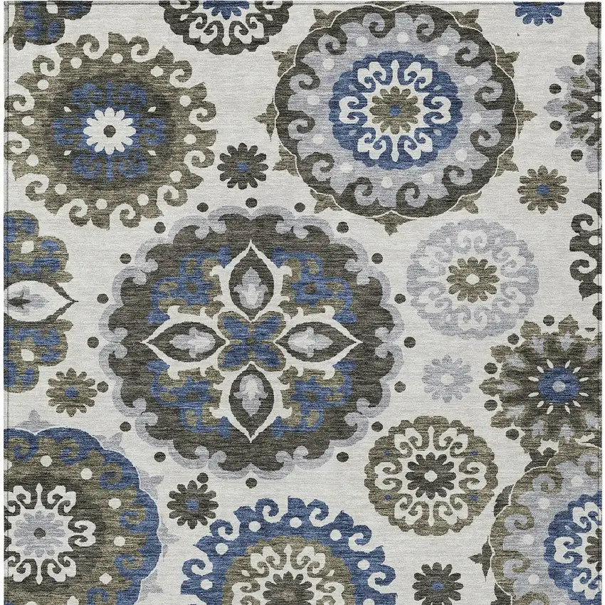 Pewter Silver And Gray Floral Medallion Washable Indoor Outdoor Area Rug Photo 6