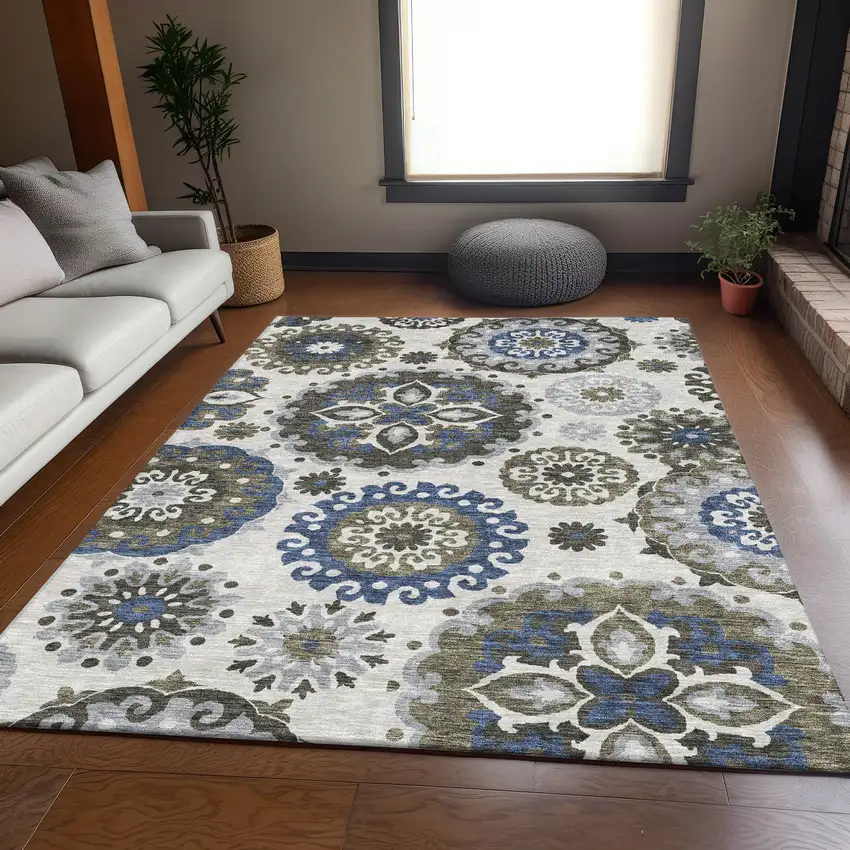Pewter Silver And Gray Floral Medallion Washable Indoor Outdoor Area Rug Photo 8