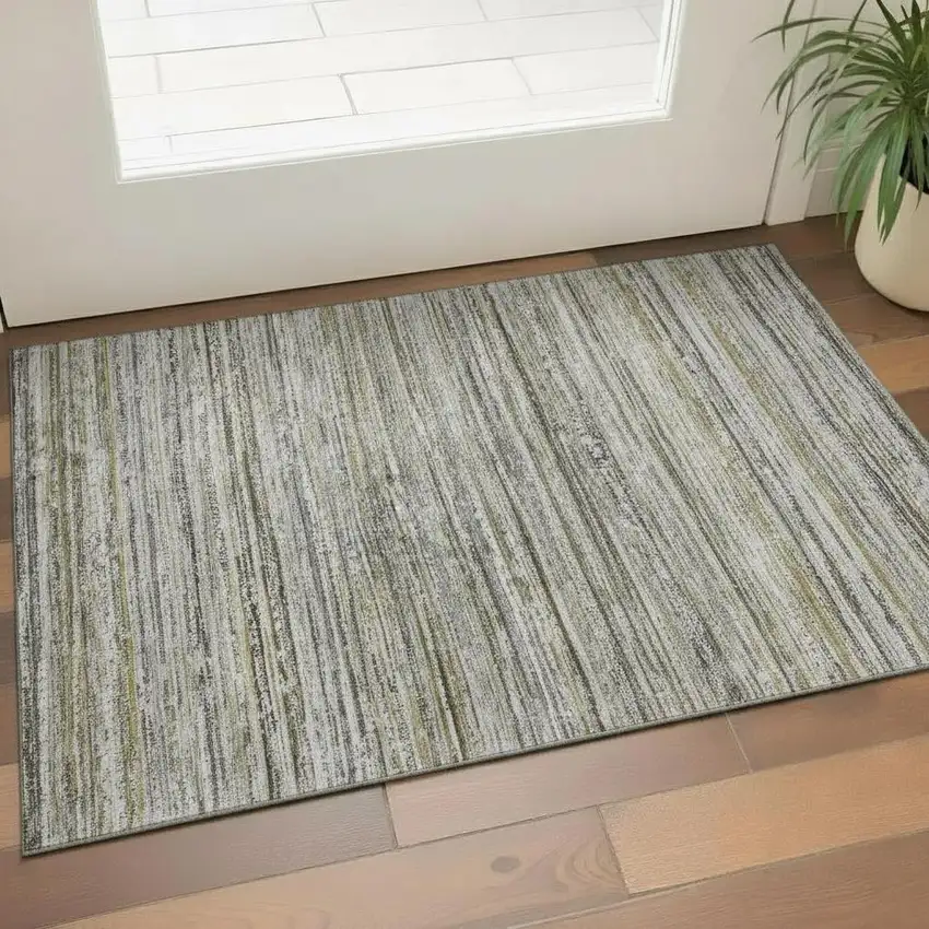 Pewter Silver And Gray Striped Washable Area Rug With UV Protection Photo 2