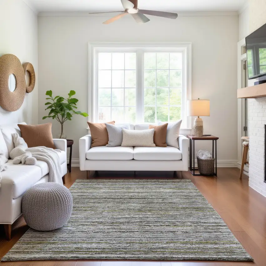 Pewter Silver And Gray Striped Washable Area Rug With UV Protection Photo 5