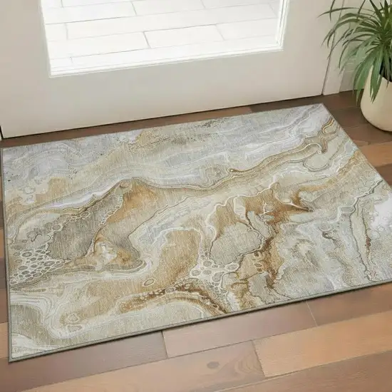 Pewter Tan And Ivory Abstract Washable Area Rug With UV Protection Photo 2