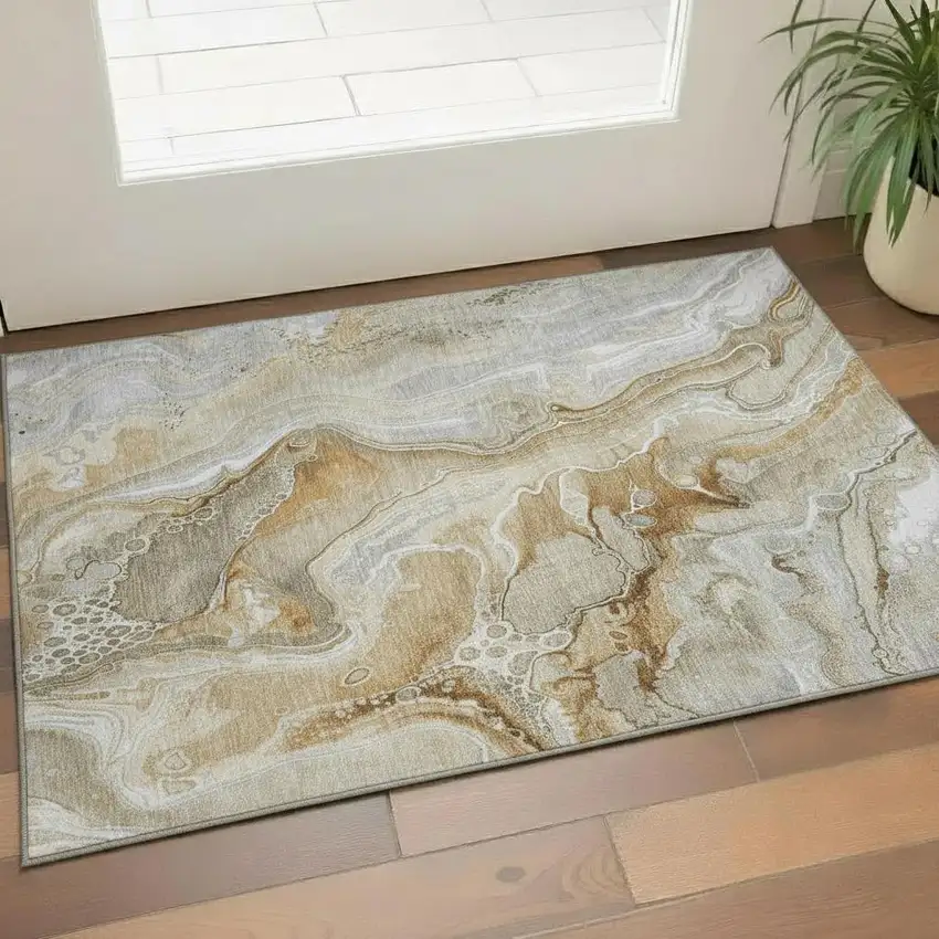Pewter Tan And Ivory Abstract Washable Area Rug With UV Protection Photo 2