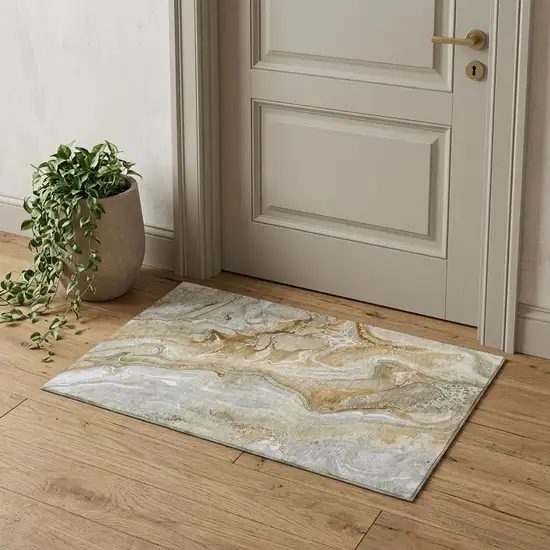 Pewter Tan And Ivory Abstract Washable Area Rug With UV Protection Photo 1