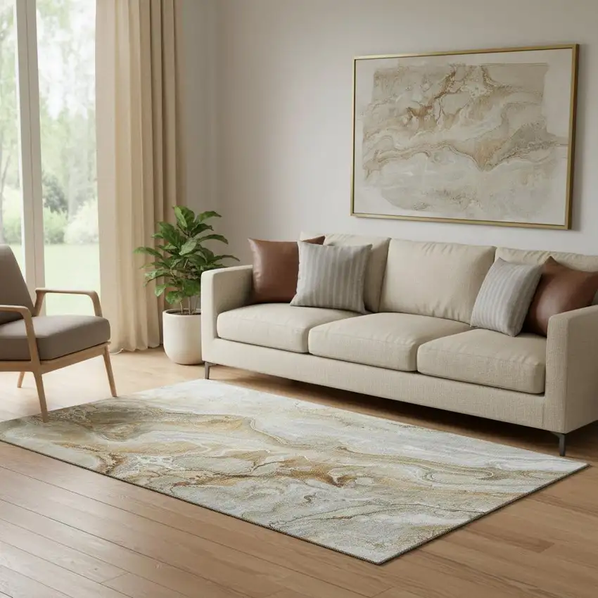 Pewter Tan And Ivory Abstract Washable Area Rug With UV Protection Photo 2