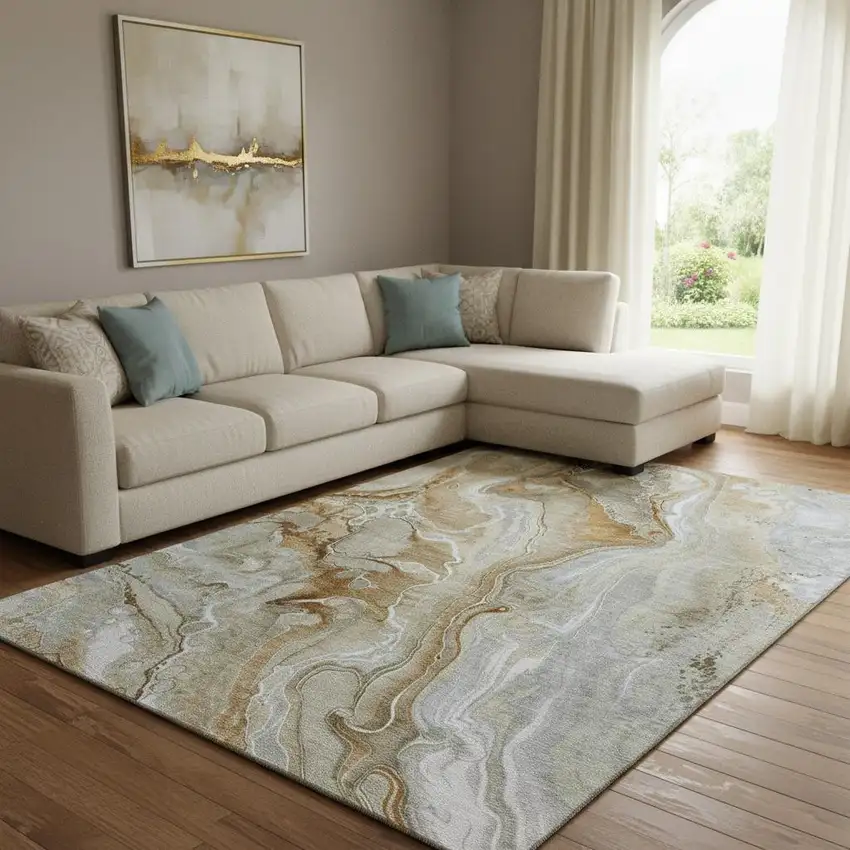 Pewter Tan And Ivory Abstract Washable Area Rug With UV Protection Photo 2
