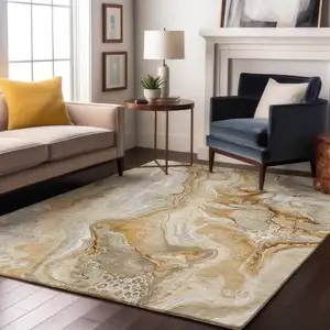 Photo of Pewter Tan And Ivory Abstract Washable Area Rug With UV Protection