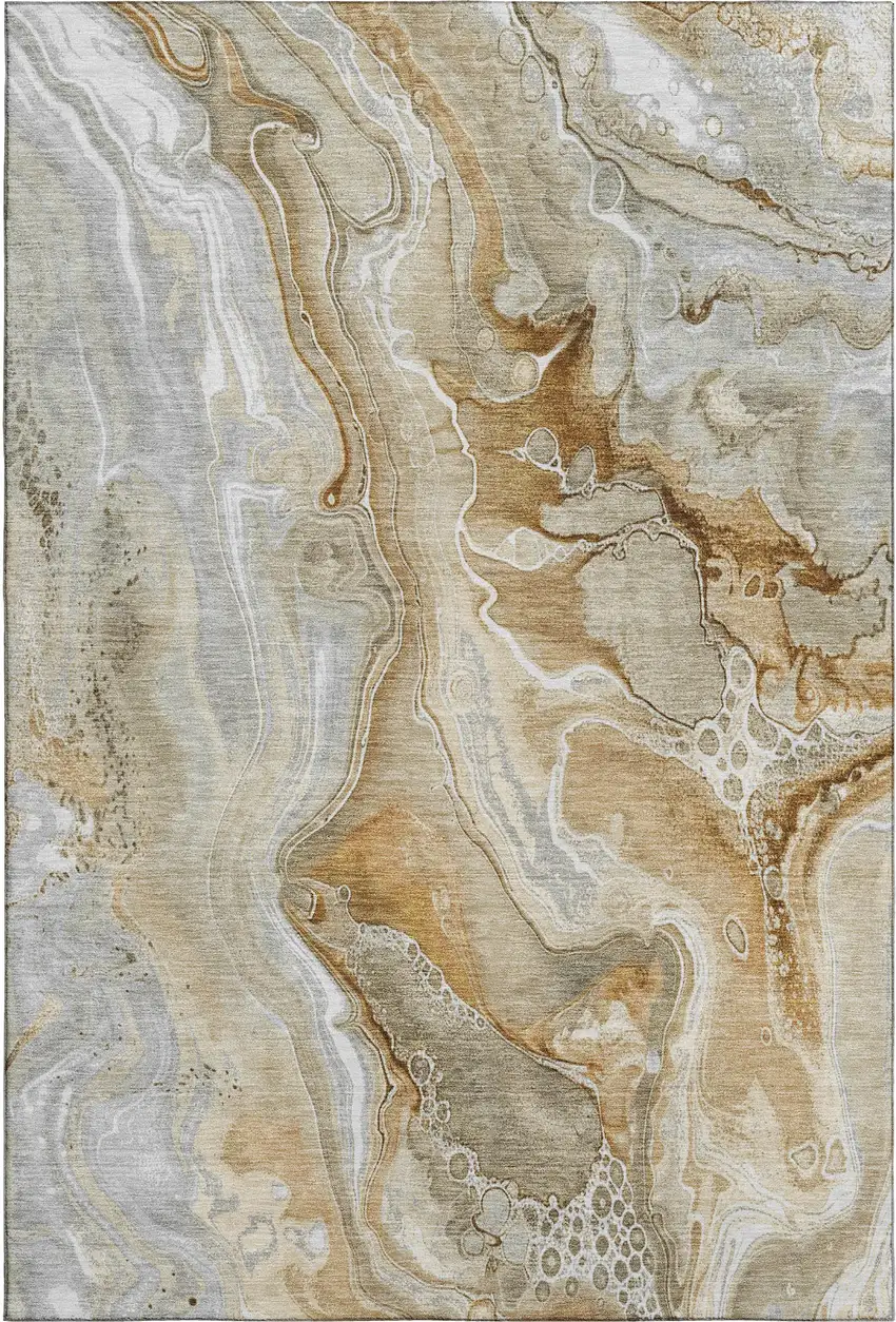 Pewter Tan And Ivory Abstract Washable Area Rug With UV Protection Photo 1
