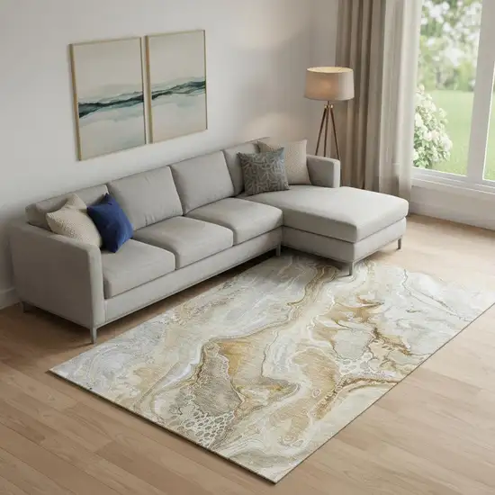 Pewter Tan And Ivory Abstract Washable Area Rug With UV Protection Photo 2