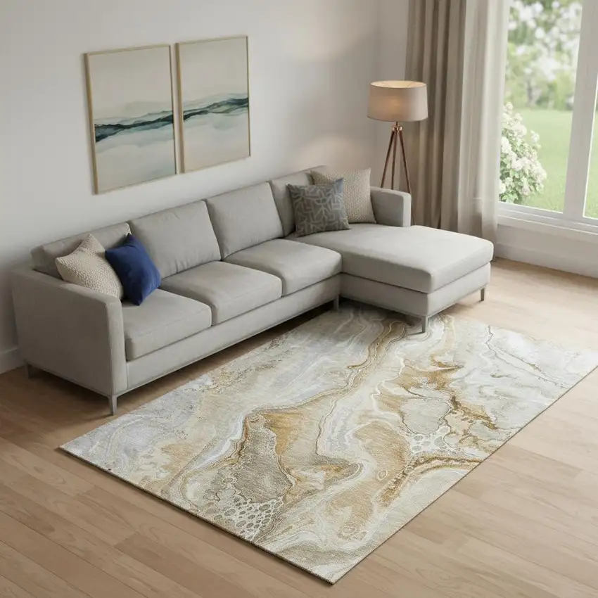 Pewter Tan And Ivory Abstract Washable Area Rug With UV Protection Photo 2