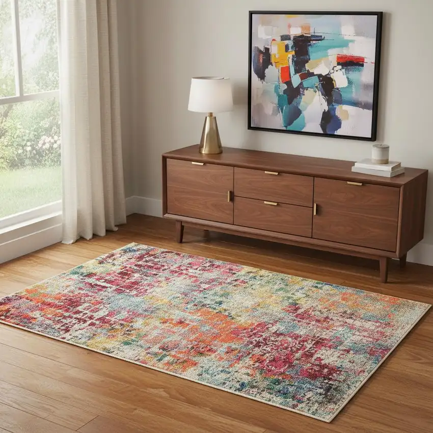 Pink Abstract Power Loom Distressed Non Skid Area Rug Photo 1