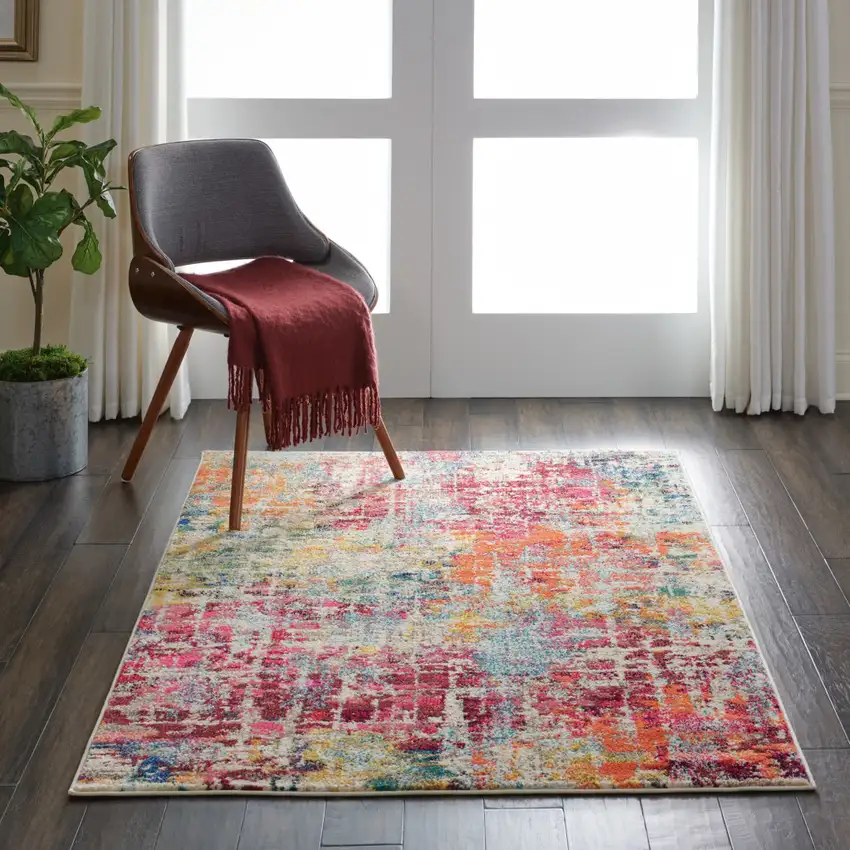 Pink Abstract Power Loom Distressed Non Skid Area Rug Photo 5