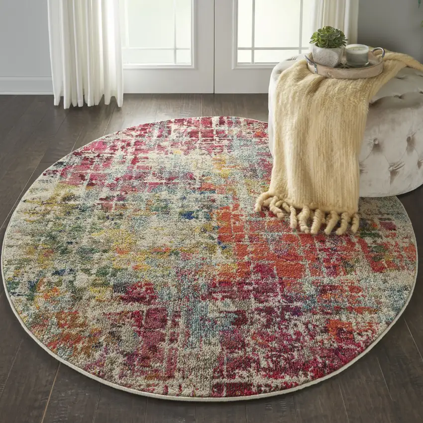 4' Pink Abstract Distressed Round Rug Photo 5