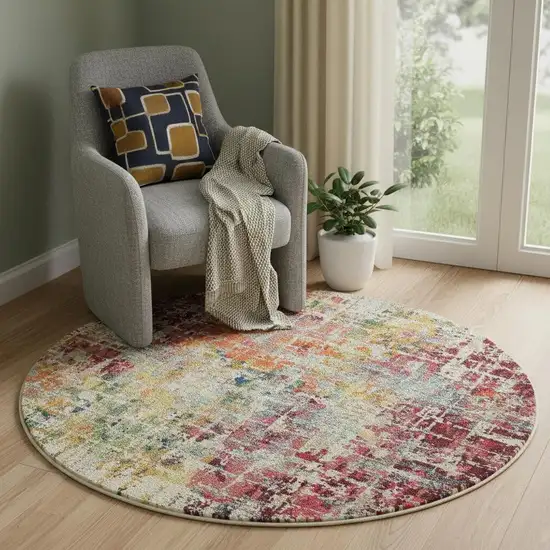 4' Pink Abstract Distressed Round Rug Photo 1