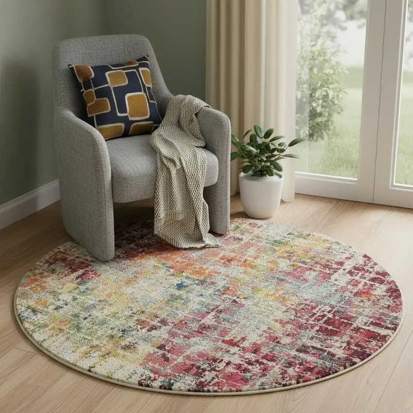 4' Pink Abstract Distressed Round Rug Photo 1