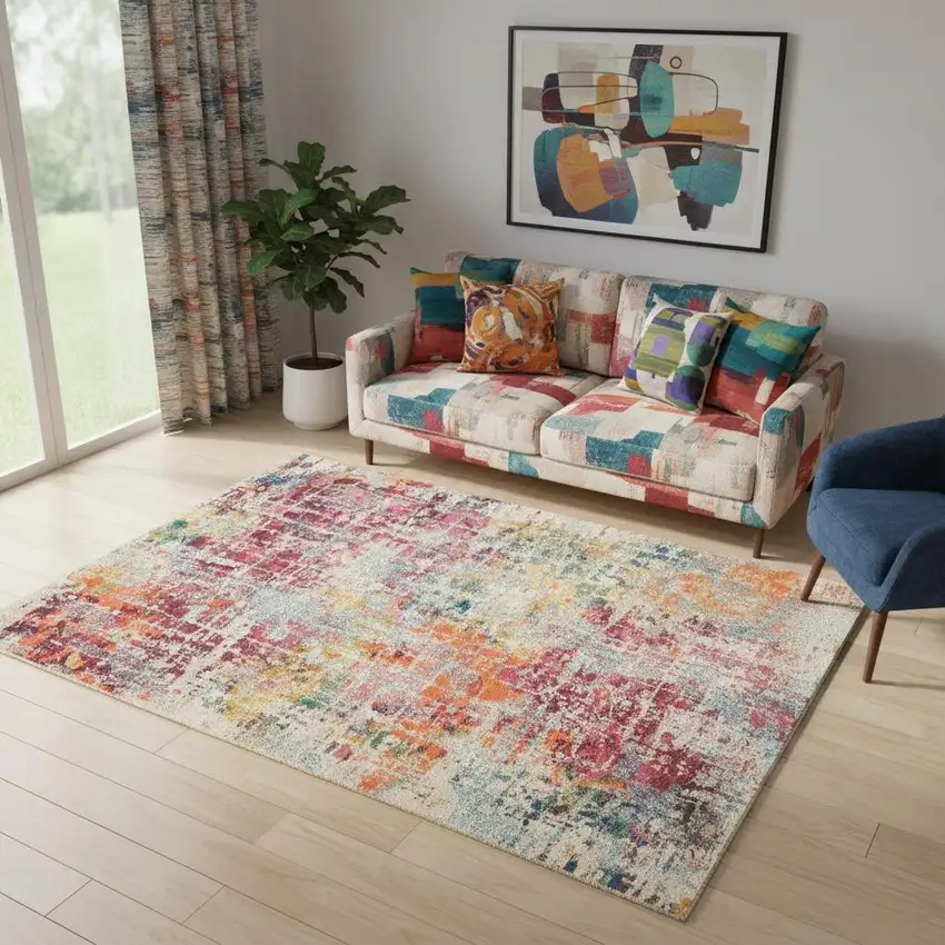 Pink Abstract Power Loom Distressed Non Skid Area Rug Photo 1