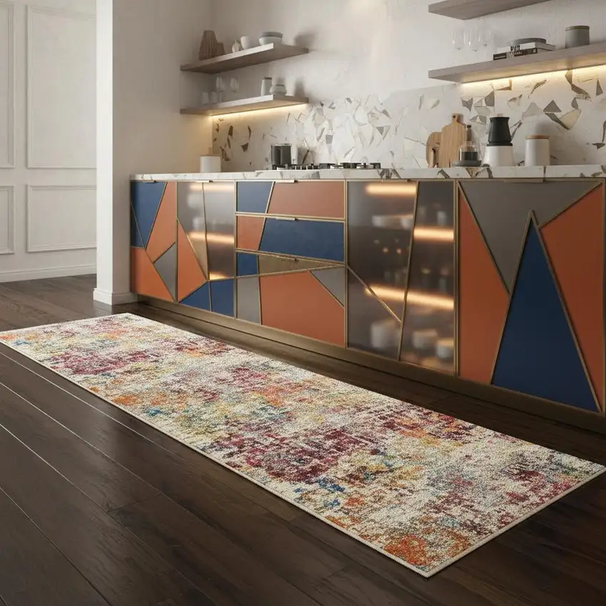 2' X 8' Pink Abstract Power Loom Distressed Non Skid Runner Rug Photo 1