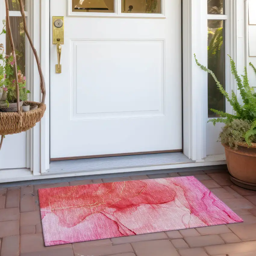 Pink Abstract Washable Non Skid Indoor Outdoor Area Rug Photo 9