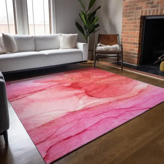 Pink Abstract Washable Non Skid Indoor Outdoor Area Rug Photo 9
