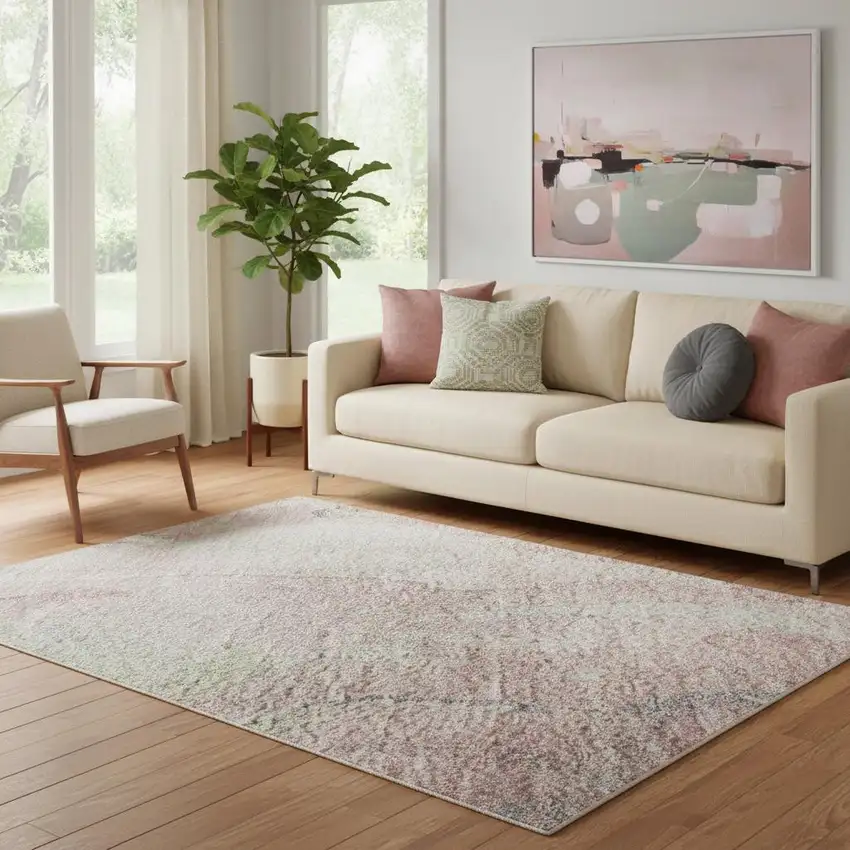 Pink And Beige Abstract Washable Area Rug With UV Protection Photo 2
