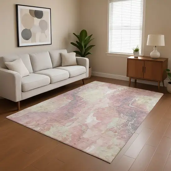 Pink And Beige Abstract Washable Area Rug With UV Protection Photo 2