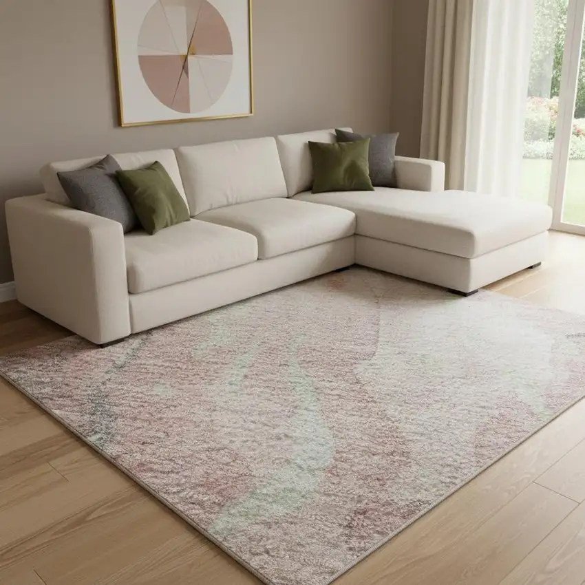 Pink And Beige Abstract Washable Area Rug With UV Protection Photo 2