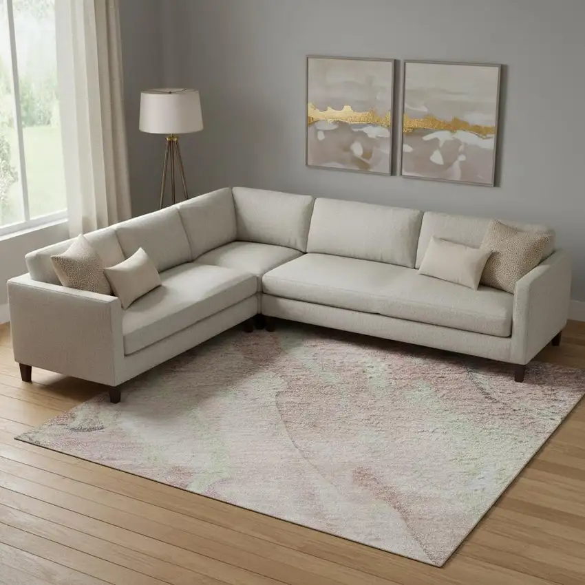 Pink And Beige Abstract Washable Area Rug With UV Protection Photo 2