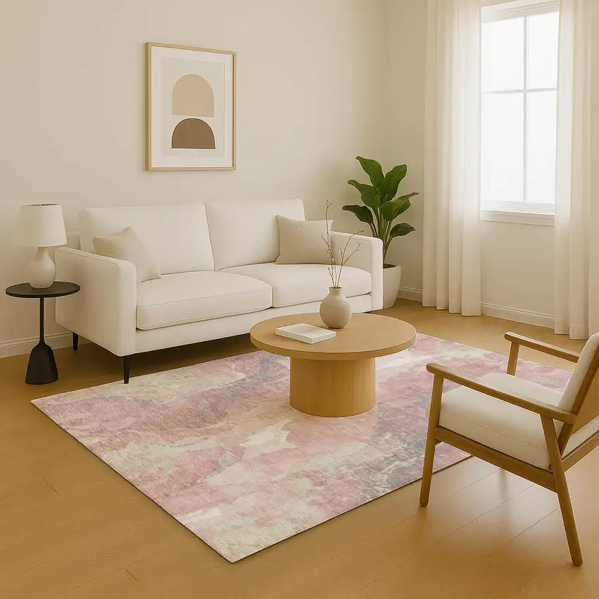 Pink And Beige Abstract Washable Area Rug With UV Protection Photo 3