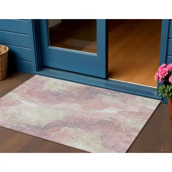 Pink And Beige Abstract Washable Indoor Outdoor Area Rug Photo 2