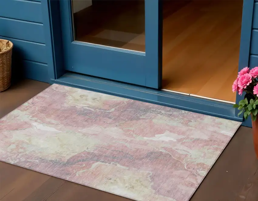 Pink And Beige Abstract Washable Indoor Outdoor Area Rug Photo 2