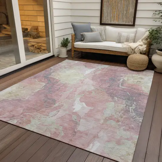 Pink And Beige Abstract Washable Indoor Outdoor Area Rug Photo 4