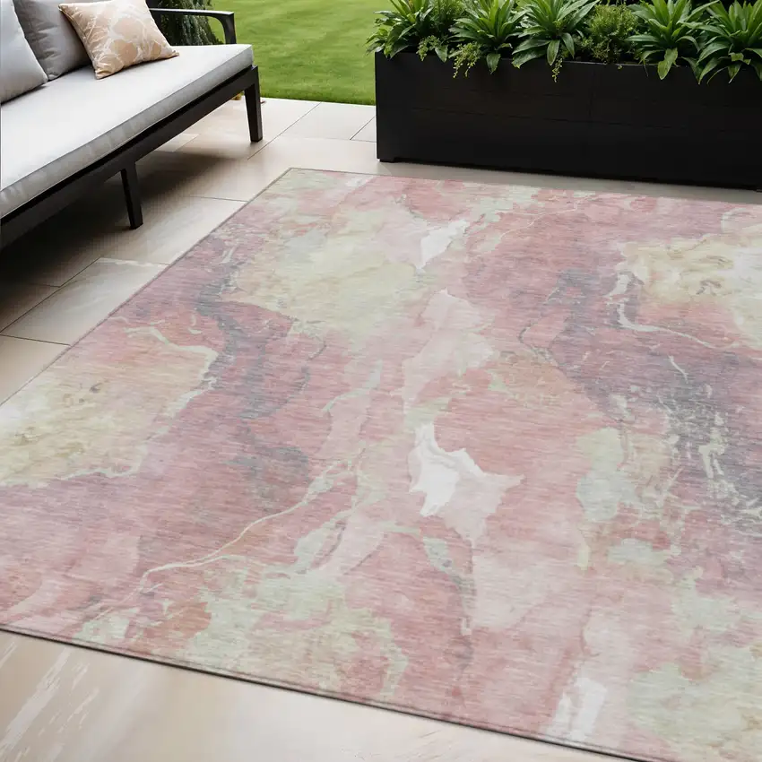 Pink And Beige Abstract Washable Indoor Outdoor Area Rug Photo 2