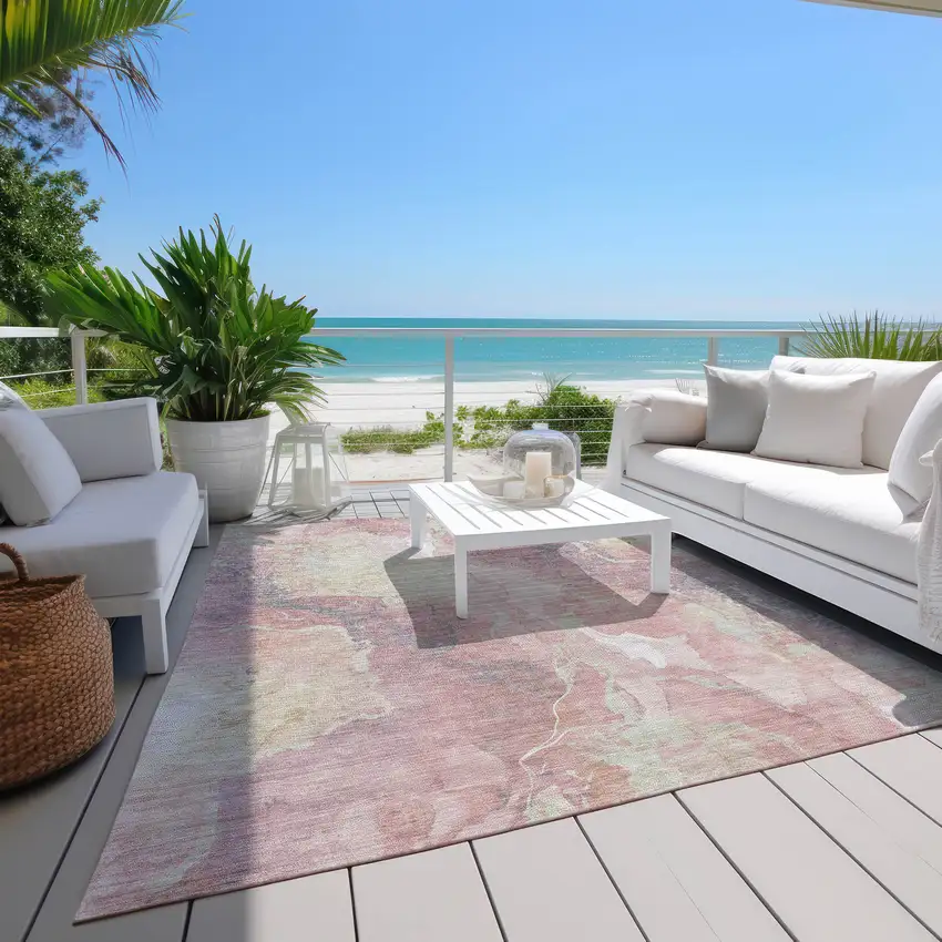 Pink And Beige Abstract Washable Indoor Outdoor Area Rug Photo 9