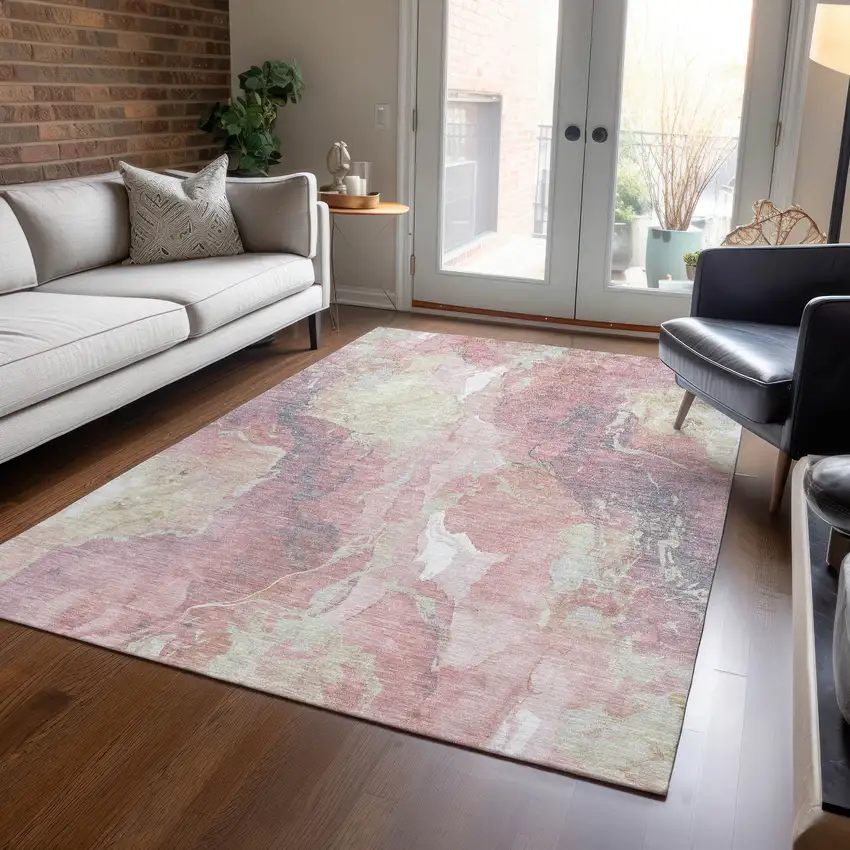 Pink And Beige Abstract Washable Indoor Outdoor Area Rug Photo 7