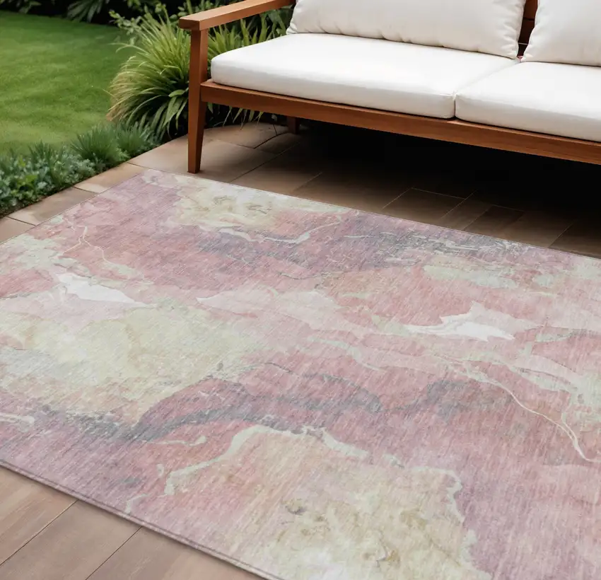 Pink And Beige Abstract Washable Indoor Outdoor Area Rug Photo 2