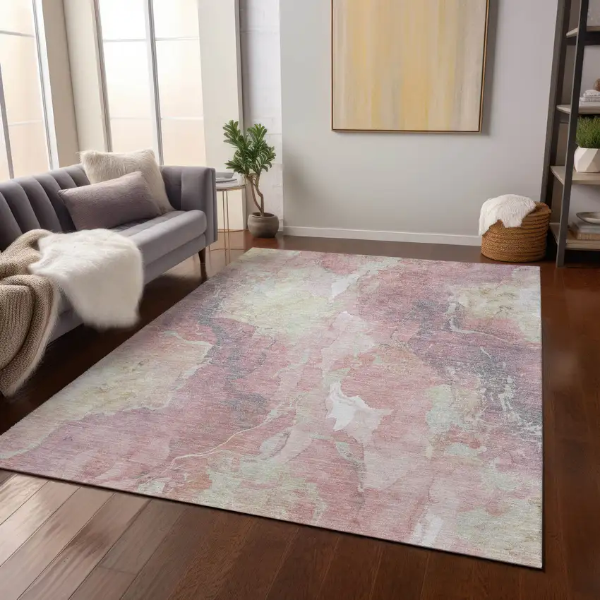 Pink And Beige Abstract Washable Indoor Outdoor Area Rug Photo 8