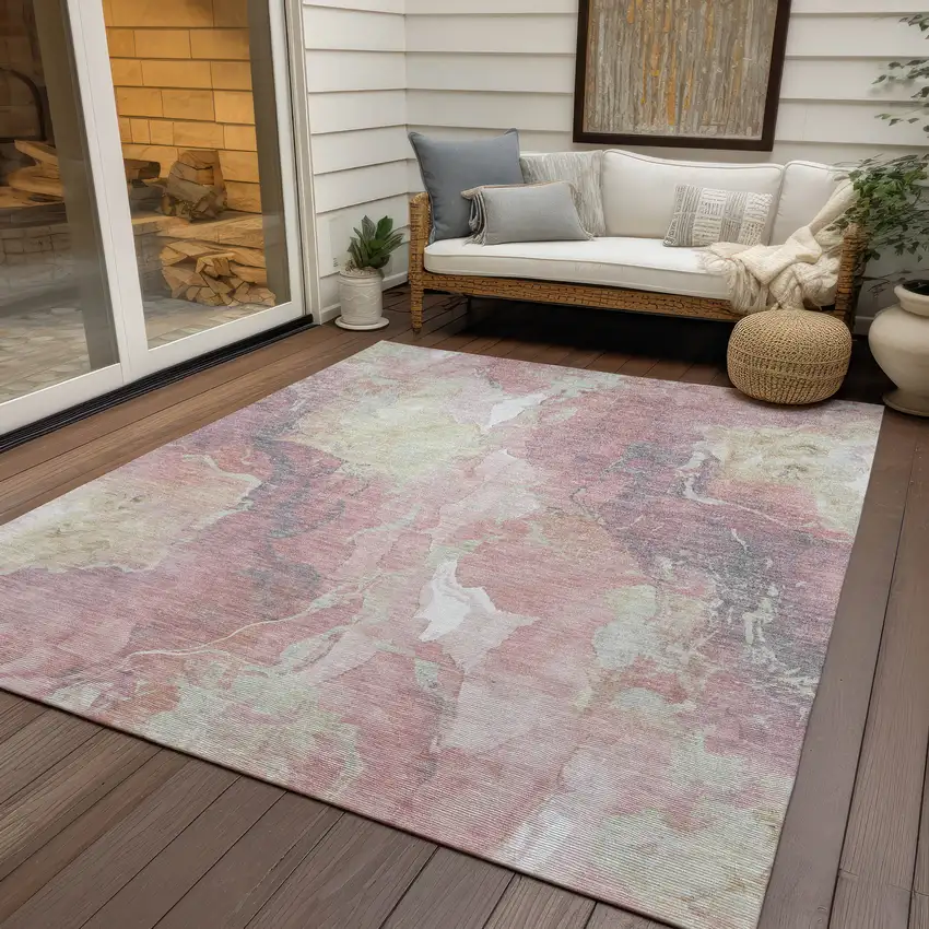 Pink And Beige Abstract Washable Indoor Outdoor Area Rug Photo 6