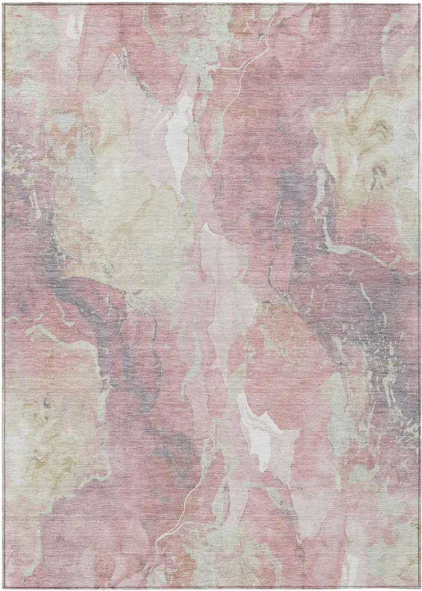 Pink And Beige Abstract Washable Indoor Outdoor Area Rug Photo 1