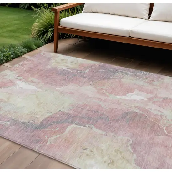 Pink And Beige Abstract Washable Indoor Outdoor Area Rug Photo 2